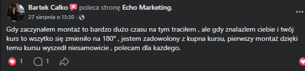 Opinia Bartka Całko o kursie montażu, zrzut z Facebooka