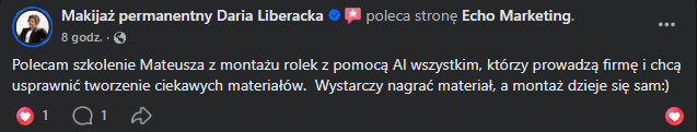 Opinia Darii Liberackiej o kursie montażu, zrzut z Facebooka